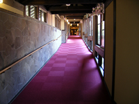 赤絨毯が敷かれた長い渡り廊下